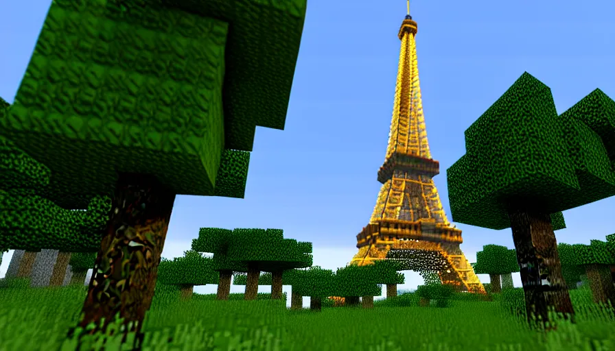 Prompt: minecraft screenshot of the eiffel tower in the middle of a forest, bokeh, high quality, promotional photograph, enb, godrays, ultra render, anti aliasing, post processing