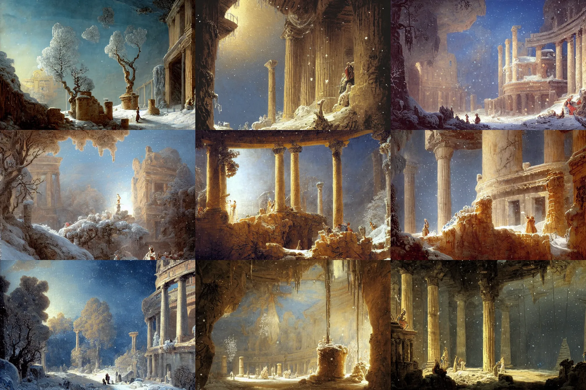 Prompt: new years day at a colloseum, dry trees, sword in the stone, winter blue drapery, hanging tarp ceiling showing the stars, icicles, stoic, light dust, magnificent, hyperdetailed, theatrical, close up, masterpiece, painted by jean honore fragonard and greg rutkowski