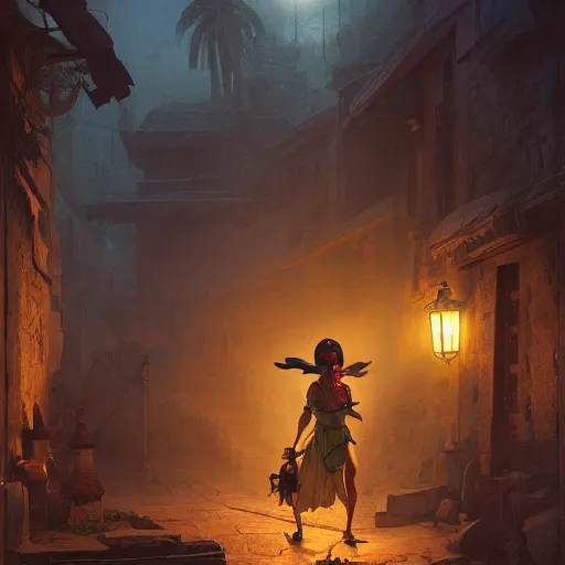 Image similar to A Kajiit sneaking through an egyptian village by night, DnD character, unreal engine, octane render, dramatic lighting, digital art, by Stanley Artgerm Lau, greg rutkowski, thomas kindkade, alphonse mucha, loish, norman Rockwell