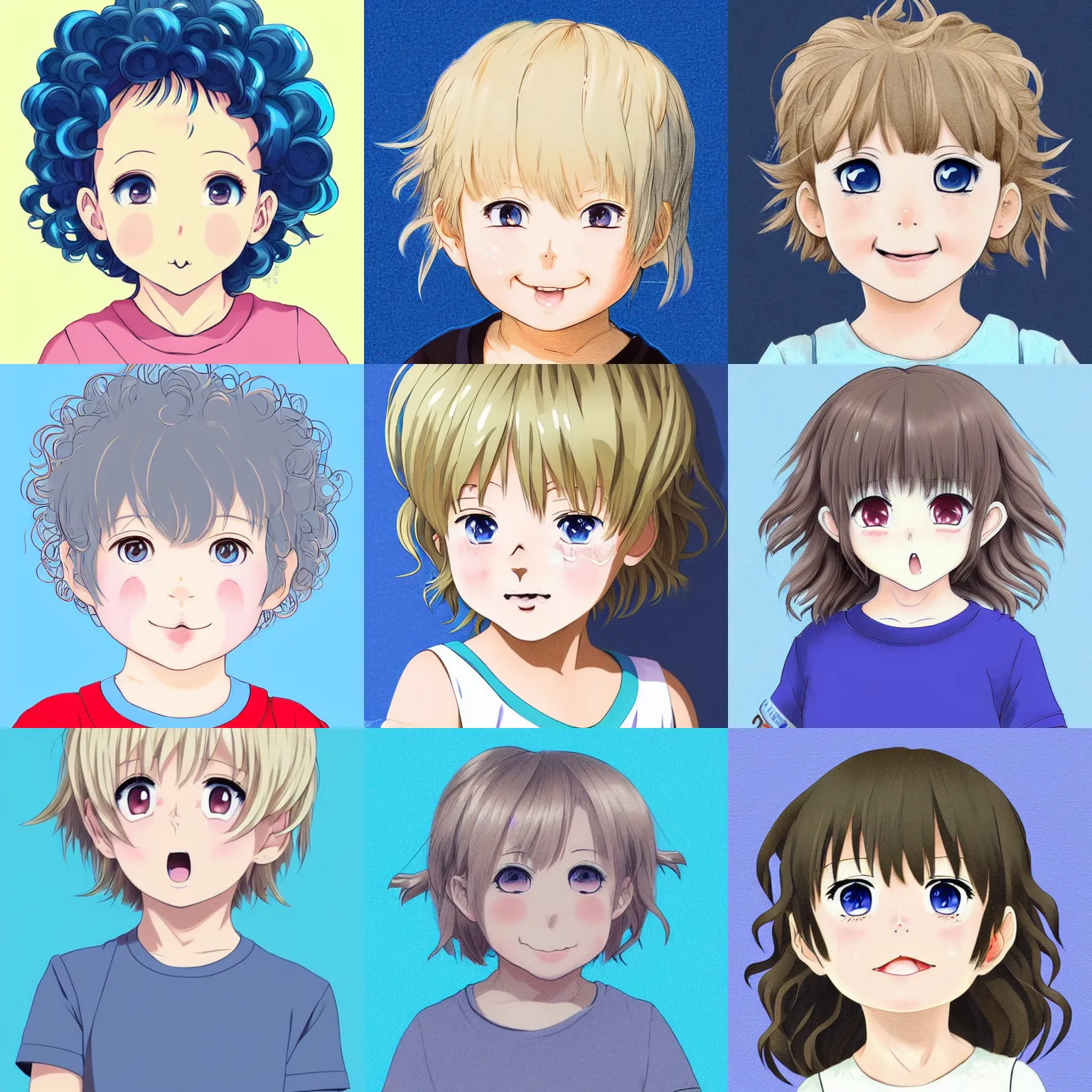 Prompt: A medium shot anime portrait of a little smiling anime girl child with thin curly light ash blonde short hair and light blue eyes, blue-eyed, chubby face, very young, toddler, baby, a few large curls, medium shot portrait, her whole head fits in the frame, solid color background, flat anime style shading, head shot, 2d digital drawing by Stanley Artgerm Lau, WLOP, Rossdraws, James Jean, Andrei Riabovitchev, Marc Simonetti, and Sakimi chan, trending on artstation