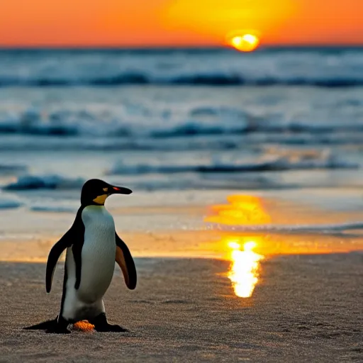 Prompt: photo of a penguin writing mathematics with a stick in the sand, sunset natural geographic, award winning