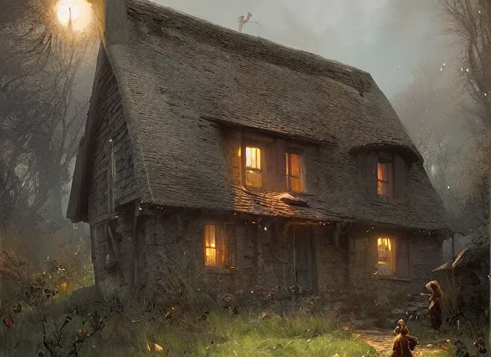 Image similar to The cottage of a witch, a fantasy digital painting by Greg Rutkowski and James Gurney, trending on Artstation, highly detailed