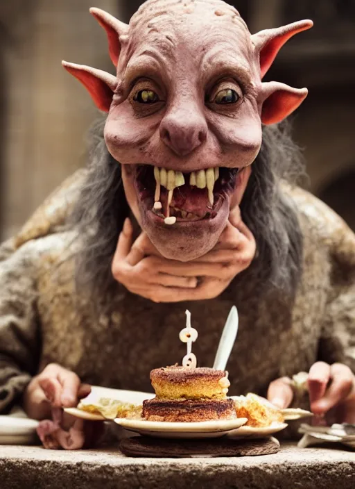 Image similar to closeup portrait of a medieval goblin eating cakes in the cloisters, depth of field, zeiss lens, detailed, symmetrical, centered, fashion photoshoot, by Annie Leibovitz and Steve McCurry, David Lazar, Jimmy Nelsson, Breathtaking, 8k resolution, extremely detailed, beautiful, establishing shot, artistic, hyperrealistic, beautiful face, octane render