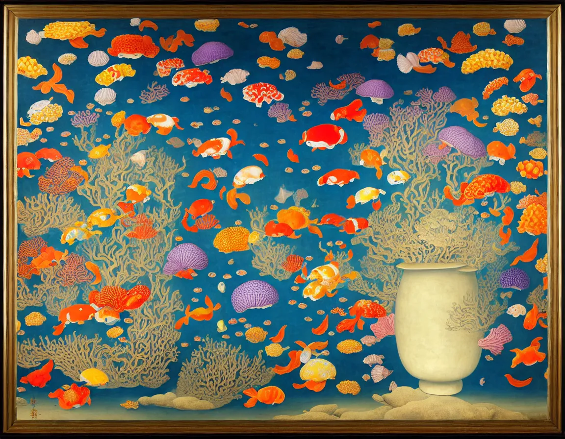 Prompt: vase of mushroom in the sky and under the sea decorated with a dense field of stylized scrolls that have opaque purple outlines, with koi fishes, ambrosius benson, oil on canvas, hyperrealism, light color, no hard shadow, around the edges there are no objects