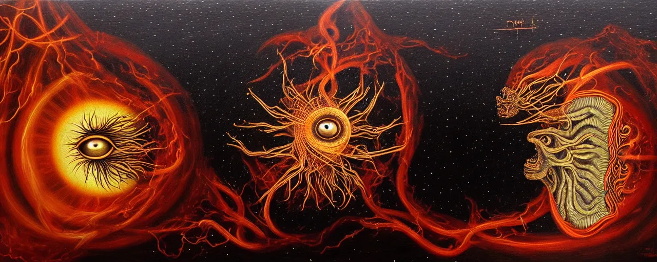 Image similar to a strange fire creature with endearing eyes radiates a unique canto'as above so below'while being ignited by the spirit of haeckel and robert fludd, breakthrough is iminent, glory be to the magic within, in honor of saturn, dark detailed oil painting by ronny khalil