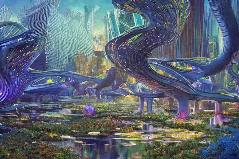 Image similar to oil painting, super - detailed scene of utopian floating zaha hadid city, cyberpunk garden, solarpunk, bioluminescent cyber - garden, japanese sci - fi books art, artwork by jean giraud, hd, 4 k, high quality