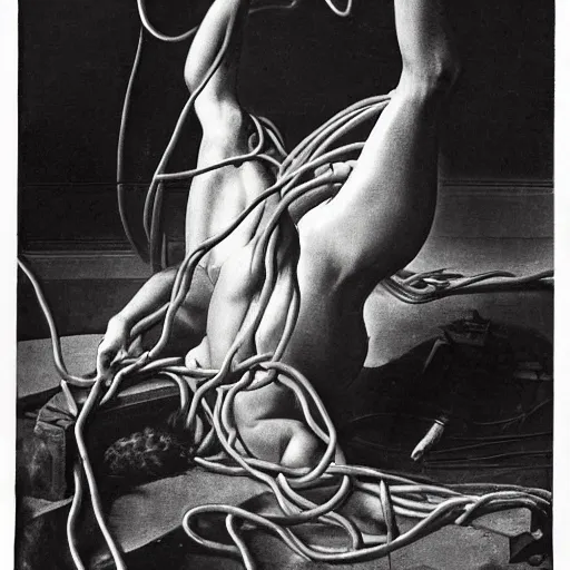 Prompt: a woman entangled in the cables in the style of the laocoon of the vatican