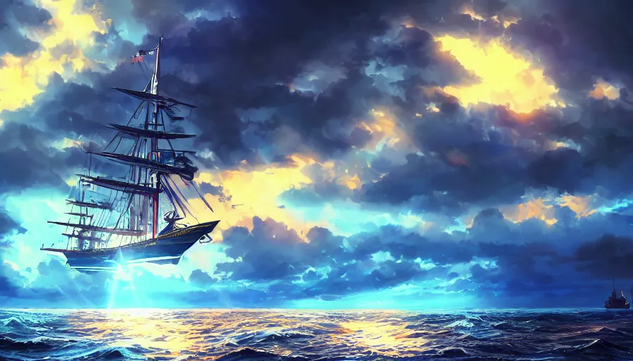 Prompt: one piece ship sailing, dark blue stormy ksy, sun sunset, with blue light piercing through clouds, makoto shinkai, royal blue colors, lighting refraction, volumetric lighting, pixiv art, highly detailed, anime art, symmetrical, wlop, anime art