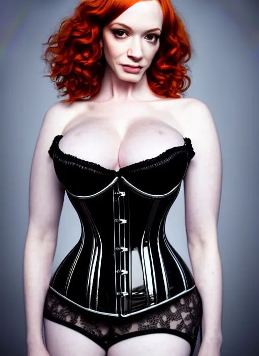 Prompt: symmetrical!! highly detailed upper body photograph of christina hendricks wearing a corset, looking at the camera!! shiny skin, zeiss lens, canon eos, unreal engine, redshift, octane render, global illumination, radiant light, detailed and intricate