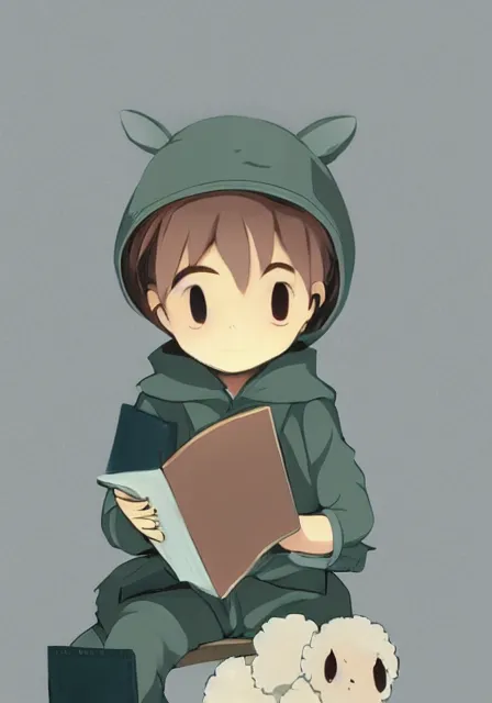 Image similar to beautiful little boy wearing sheep suit reading a book while sitting on chair, gray, blue, green and brown pallet color. made in abyss art style, inspired by kris from deltarrune, cute detailed artwork, anatomically correct, soft details, ilya kuvshinov, reflection, perfect composition, mobile wallpaper, illumination, helltaker