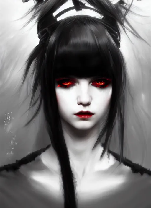 Image similar to portrait of white teenage girl, normal face, black bangs, mall goth, cyberlox, black and white hair, bangs, fluffy bangs, red contacts, intricate, elegant, highly detailed, digital painting, artstation, concept art, sharp focus, smooth, illustration, art by wlop, mars ravelo and greg rutkowski