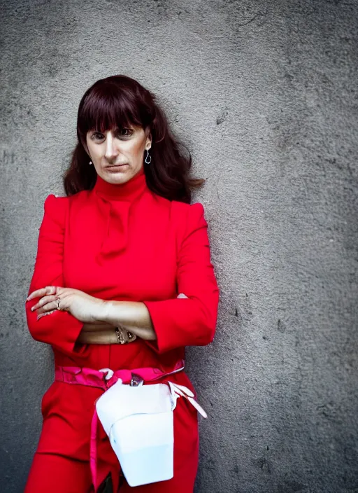 Image similar to color Close-up portrait of a beautiful 35-year-old Italian woman, wearing a red outfit, candid street portrait in the style of Martin Schoeller award winning, Sony a7R