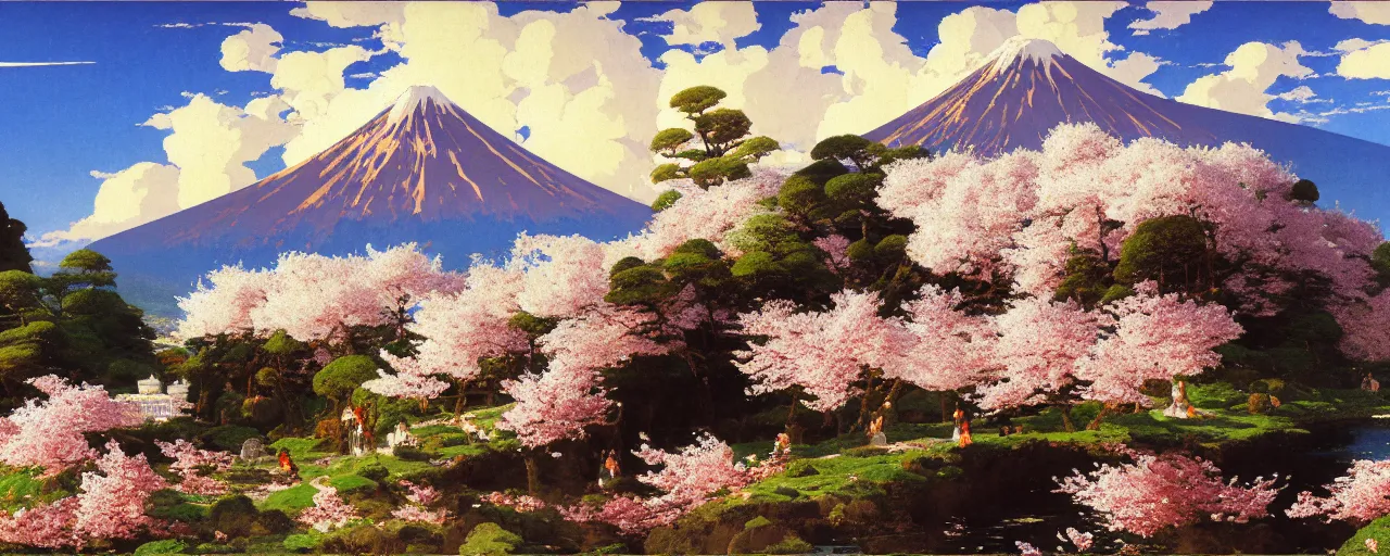 Image similar to ghibli illustrated background of a strikingly beautiful over a volcano with cherry blossom by vasily polenov, eugene von guerard, ivan shishkin, albert edelfelt, john singer sargent, 4 k