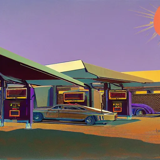 Prompt: painting of syd mead artlilery scifi organic shaped gas station with ornate metal work lands on a farm, fossil ornaments, volumetric lights, purple sun, moebius