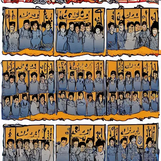 Image similar to uyghurs behind bars, in the style of daniel johnston and outsider art, 4k, overlaid with chinese text