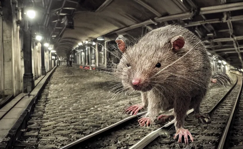 Prompt: very large giant zombie rat on railways in tonnel of moscow metro. extreme high detail. low dark light, scary atmosphere
