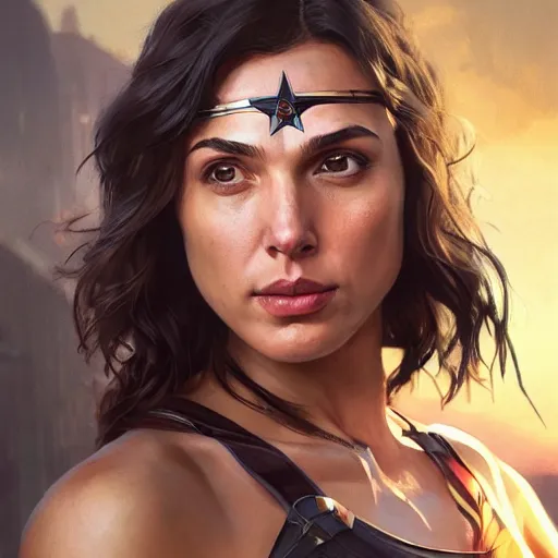 Image similar to highly detailed portrait, gal gadot, in gta v, stephen bliss, unreal engine, fantasy art by greg rutkowski, loish, rhads, ferdinand knab, makoto shinkai and lois van baarle, ilya kuvshinov, rossdraws, tom bagshaw, global illumination, radiant light, detailed and intricate environment