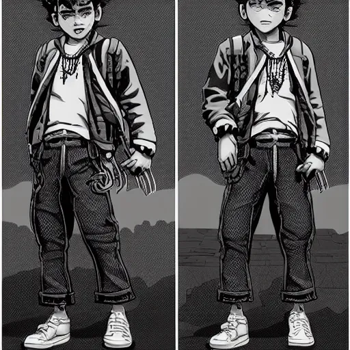 Image similar to rpg character concept art, twin brothers being cute and gangsta, intricate detail, in the style of jamie hewlett kawase hasui riyoko ikeda, 3 d render, artstation trending, 8 k, octane render, photorealistic, sharp detail, manga, black and white