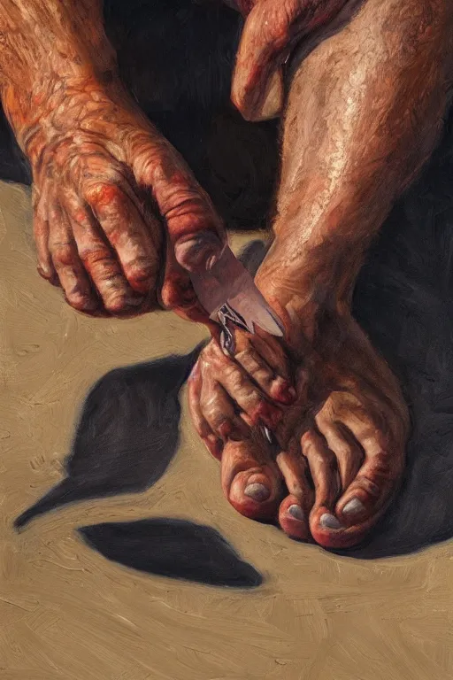 Image similar to george castaneda stabbing his toe, oil on canvas, intricate, portrait, 8 k highly professionally detailed, hdr, cgsociety