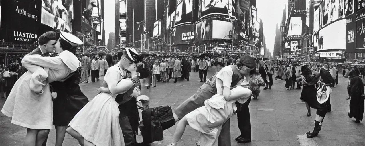 Image similar to alfred eisenstaedt's photograph of an american sailor kissing a woman in times square, spaghetti advertisement in background 1 9 4 5, canon 5 0 mm, kodachrome, retro