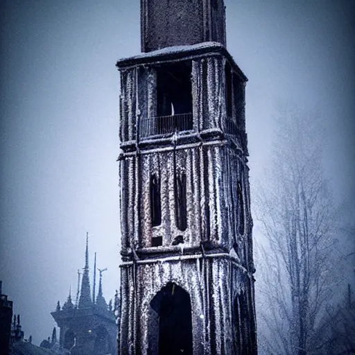 Prompt: Giant gothic underground bell tower covered in frost, frostpunk, anor londo