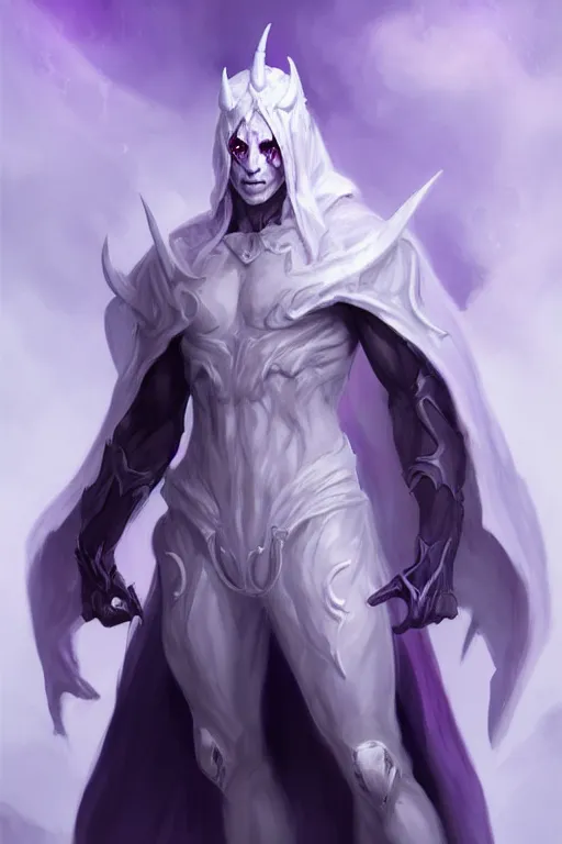 Prompt: human male demon, full body white purple cloak, no hoodie, character concept art, costume design, black eyes, white horns, trending on artstation, Artgerm , WLOP