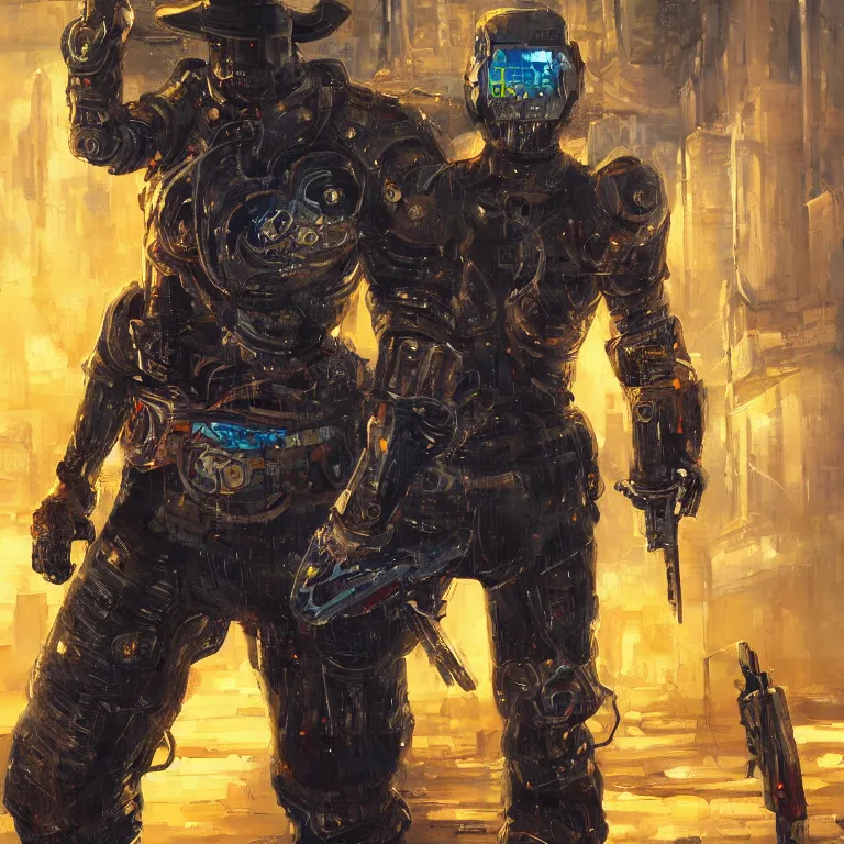 Image similar to a glitched oil painting of a cybernetic cowboy/knight duelwielding a revolver and longsword in the style of cyberpunk in the style of high fantasy art detailed realistic High Resolution HD 8k