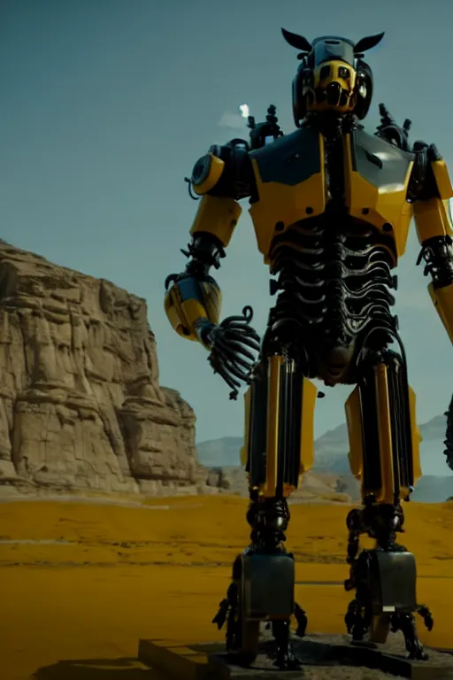 Image similar to a cinematic still from westworld, full body yellow mech bumblebee, humanoid servo, octane render, nvidia raytracing demo, masterpiece, aged armor plating, aggressive head,