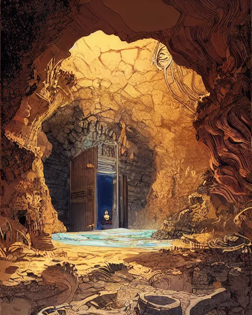 Prompt: a young boy opening a giant wooden door with archaic symbols embedded onto it, in a cave by the water, digital art, illustrated by james gurney and victo ngai