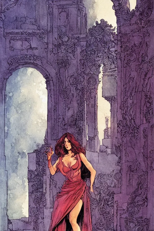 Prompt: beautiful woman at the entrance of the temple of desire by sergio toppi and john harris