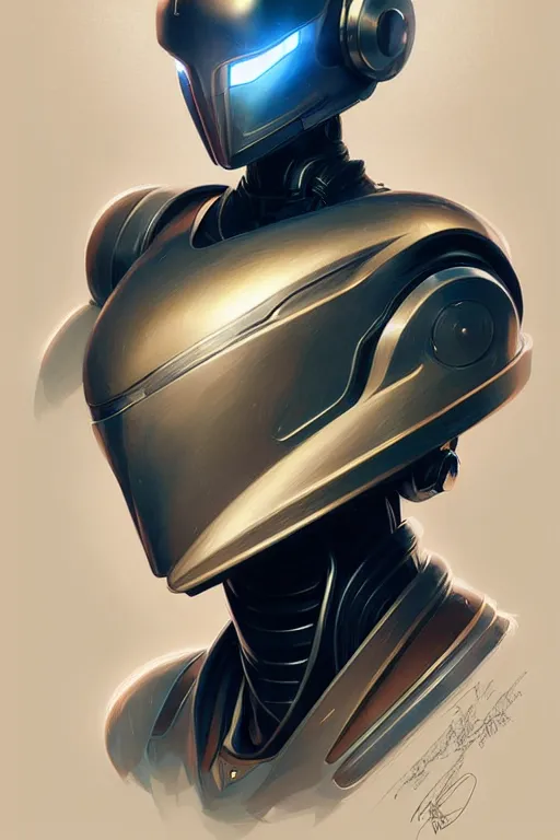 Prompt: Robot Helmet, portrait, elegant, intricate, digital painting, artstation, concept art, smooth, sharp focus, illustration, art by artgerm and greg rutkowski and alphonse mucha