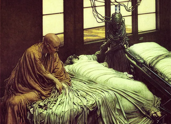 Image similar to the mind mender, standing, hospital room setting, medical tray, injured patient on bed, extremely detailed, painting by arthur rackham, eugene de blaas, frederic leighton, scifi, neo - gothic, intricate, rich deep colors. beksinski painting, part by adrian ghenie and gerhard richter. art by takato yamamoto. masterpiece