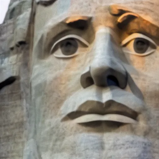 Image similar to a photo of mount rushmore after donald trump's face had been added. the photo clearly depicts the facial features of donald trump and his particular hair style carved into the stone at the mountain top, centered, balances, regal, pensive, powerful, just