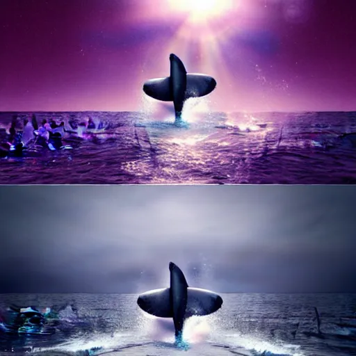 Image similar to photomanipulation of a huge whale that has tiny fairy wings