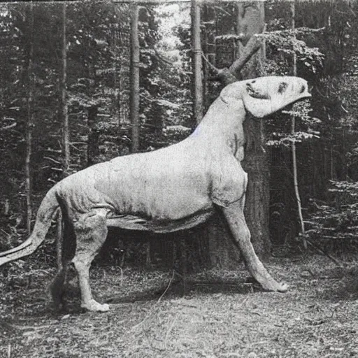 Prompt: scary unproportionally large creature in the woods, 1900s picture