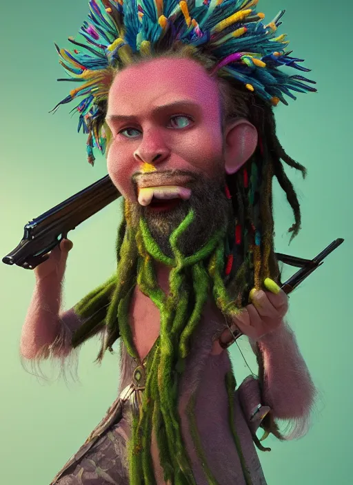 Prompt: an anthropomorphic beautiful goddess male wizard portrait holding rifle wearing colourful robe, green dreadlock breed hair, fine art, award winning, intricate, elegant, sharp focus, octane render, hyperrealistic, cinematic lighting, highly detailed, digital painting, 8 k concept art, art by jamie hewlett masterpiece, trending on artstation, 8 k