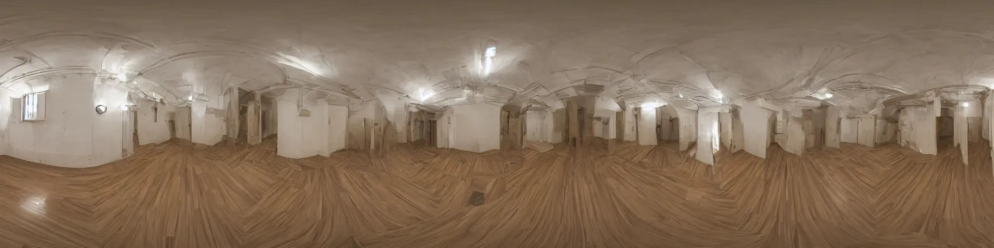 Image similar to a panoramic view of a weird floorless room