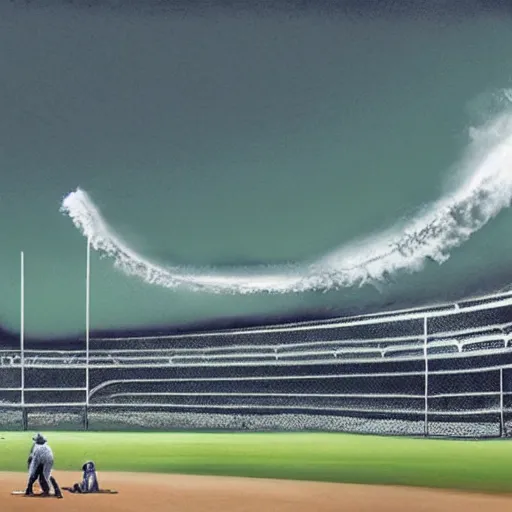 Image similar to baseball tidal wave over baseball park, concept art, by Takumi Park, dreamlike