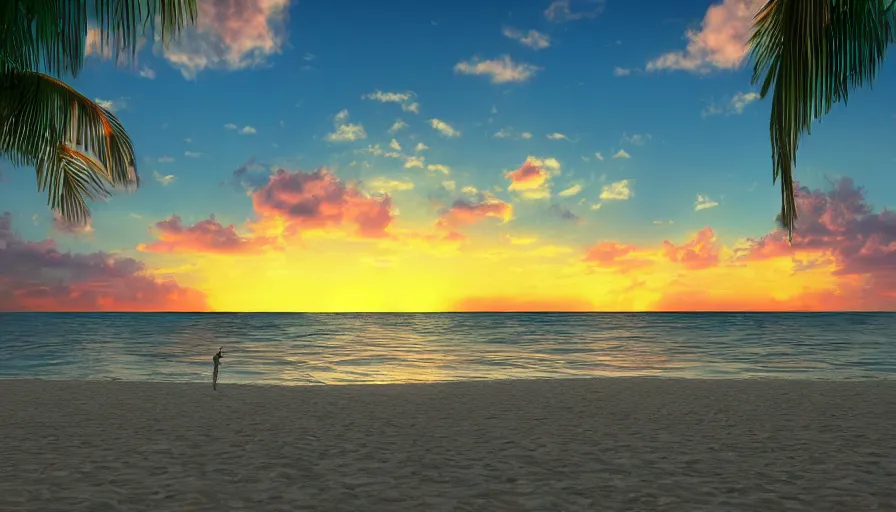 Image similar to miami vibes, unreal engine, digital art, sunset, sharp focus, beach, vivid color, clear sky