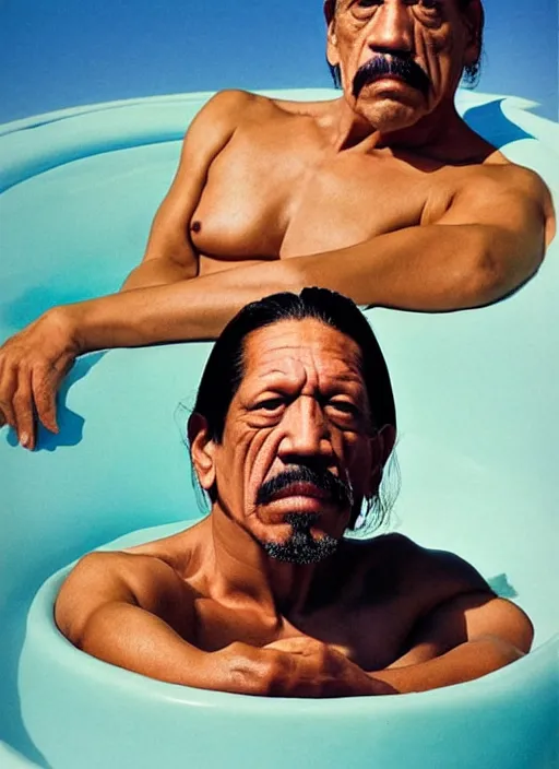 Prompt: ultrawide angle colour portrait masterpiece photography of danny trejo sitting in a kiddie pool of baked beans shot by annie leibovitz michael cheval miho hirano moebius josh kirb