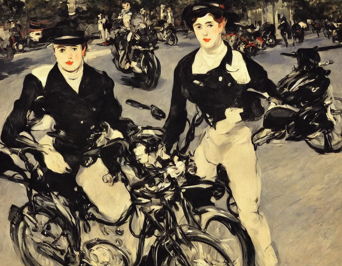 Prompt: edouard manet. a wide portrait of a woman all dressed in black on a motorcycle on a highway. there is another motorcycle blurred in the background. precise thin brush strokes. expressive. emotional. modern.