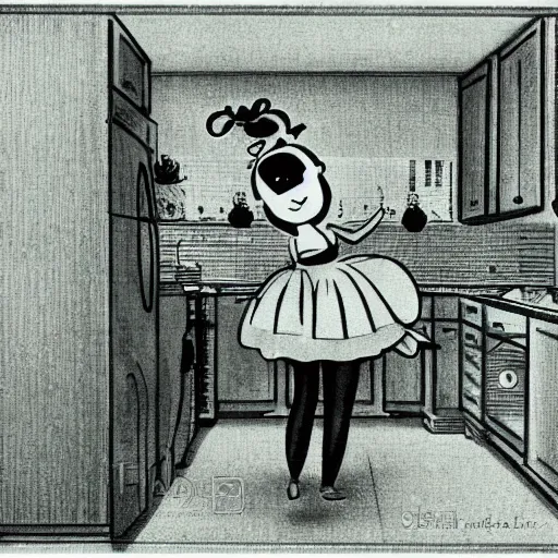 Prompt: a peach character dancing in a kitchen, kitchen interior, highly detailes