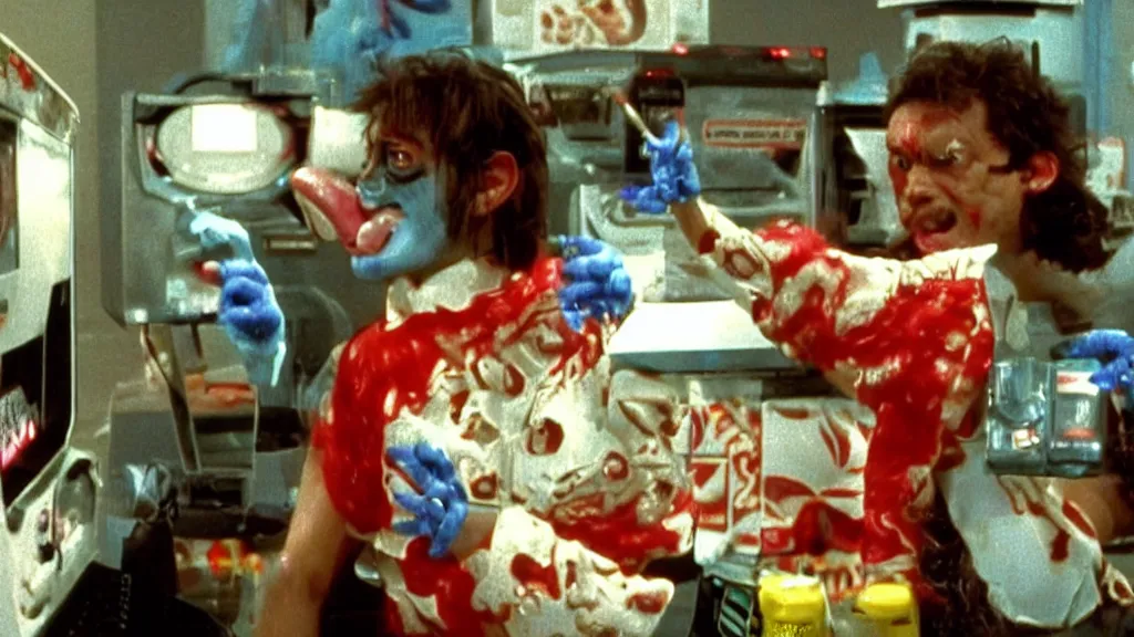 Image similar to Hyperreal Gremlins disguised as casino arcade machines dispense experimental ice cream vaccine derived from predator, xenomorph and furby goosebumps goo in downtown silicon valley, film still from banned media Gremlins 3 New World Order, directed by REDACTED circa 1992 | text reads \'Gremlins 3 New World Order\' | Gremlins