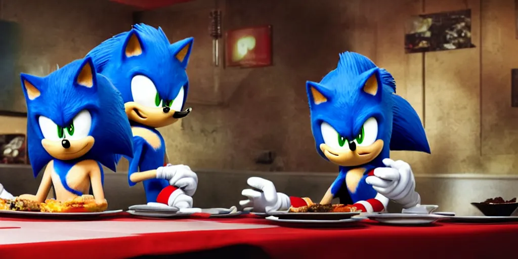 Image similar to A render of Sonic the Hedgehog sitting across from Shadow the Hedgehog at a restaurant, Sonic looks like he is shocked, Shadow is looking away in disgust, they both have hamburgers in front of them on a plate, movie, HDR, moody lighting, unique camera angle from the end of the table and between the two of them, candle lighting