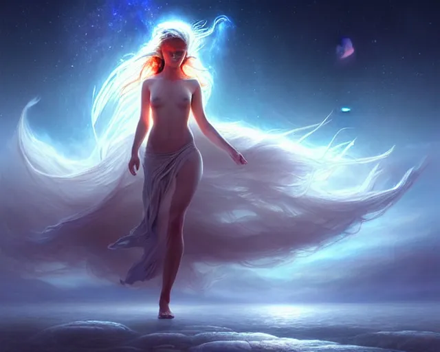 Prompt: a lone beautiful ethereal spirit running fast along the shimmering crystalline shores of eternity, universe and planets and stars in the sky, unusual surreal, gorgeous artwork by artgerm, rutkowski, wlop, detailed, dramatic lighting