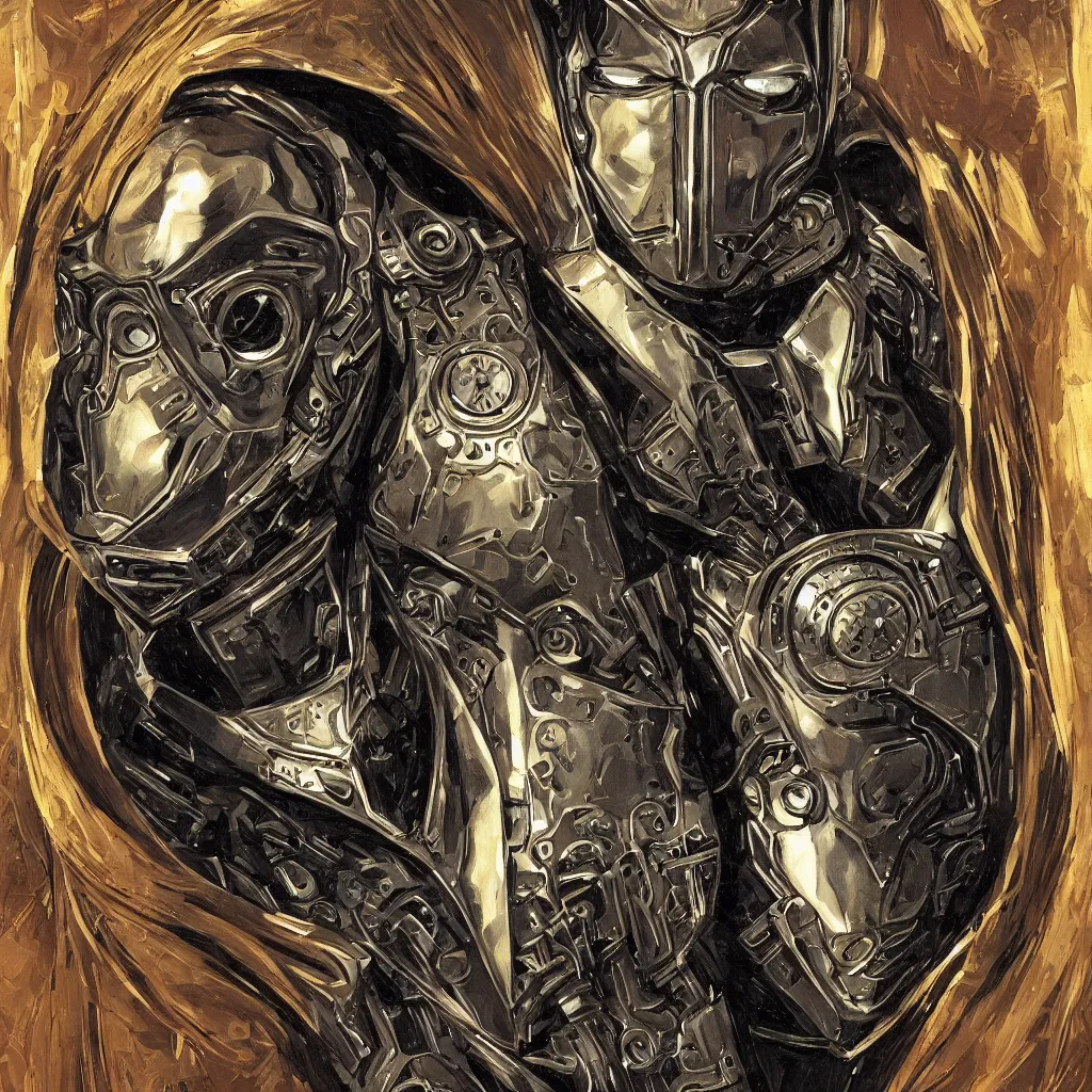 Prompt: hyperrealistic art nouveau bust portrait of Doctor Doom in shining mechanical armor by Kyle Hotz and Michael Golden, with rich atmospheric colors, 8k, sinister ambience, perfect comic illustration, accurate symmetrical anatomy and details, metallic art nouveau border designs, precise machinery, perfect symmetry, futuristic, medieval, dystopian, Blade Runner, Bernie Wrightston