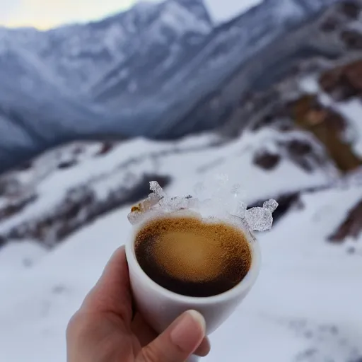 Prompt: sugar crystals in mountains drinking espresso