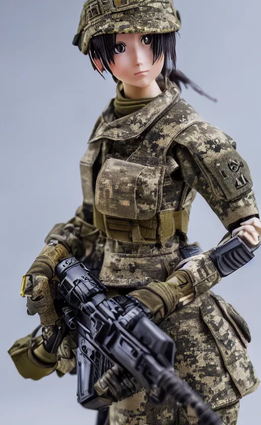 Image similar to portrait of the action figure of a female soldier, highly detailed, high resolution, toy, good smile company anime style, japanese collection product, stunning, girls frontline style, bokeh soft, 100mm, trending on instagram, by professional photographer, realistic human anatomy, realistic military carrier, modern warfare, realistic weapon, shot with a arriflex 35 ii, low saturation, small eyes