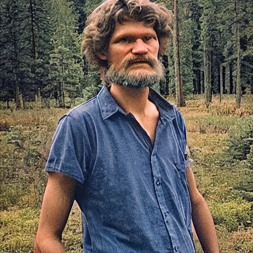 Image similar to photograph of ted kaczynski in a serene outdoors wilderness setting