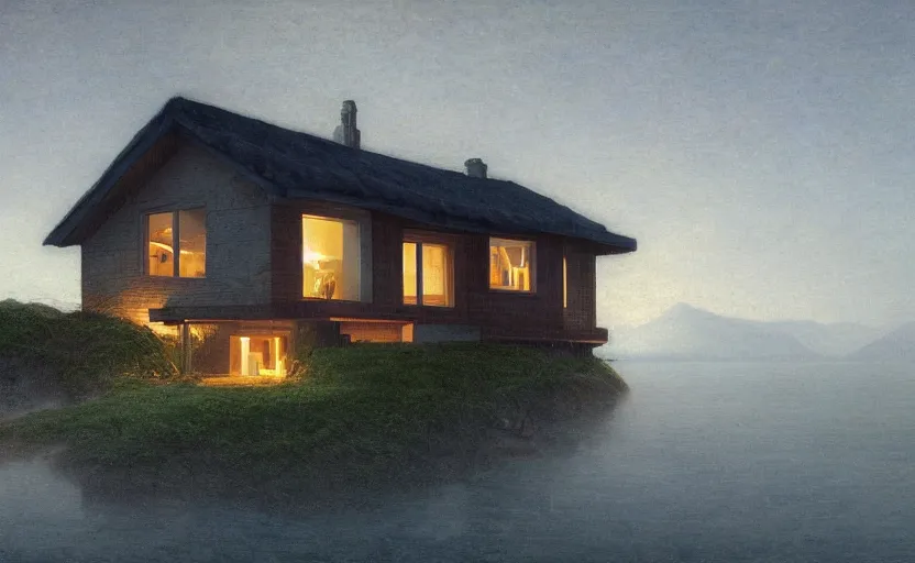 Image similar to small modern cottage overlooking the ocean, close up shot, at dusk, distant mountains, 4k, rule of thirds, extreme detail, hazy water, intricate ink illustration, trending on artstation, cgsociety, hd, calm, complimentary colours, realistic lighting, by Albert Bierstadt, Frederic Edwin Church.